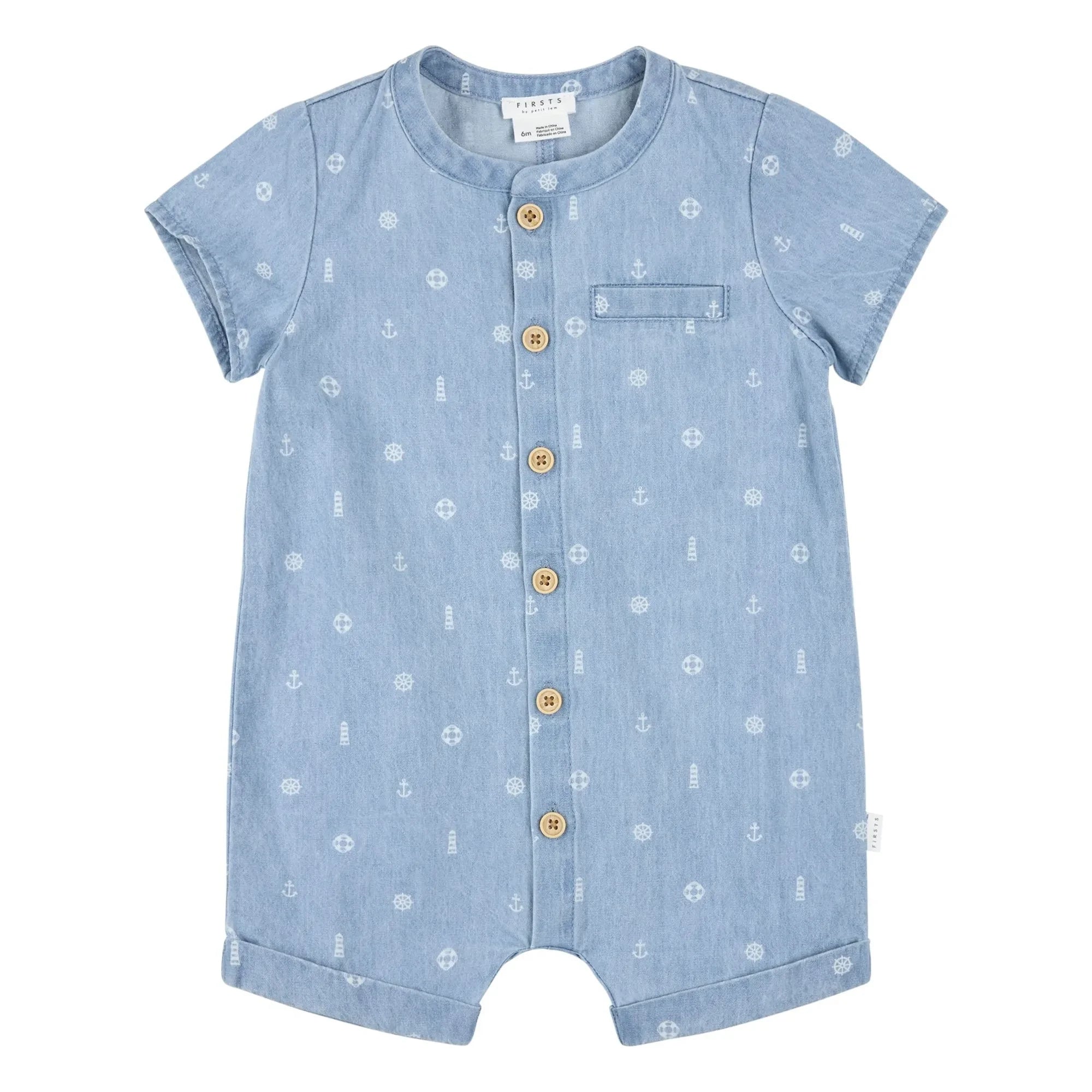 Petit Lem - Organik Pamuklu Chambray Çapa Tulum | Denim mavi