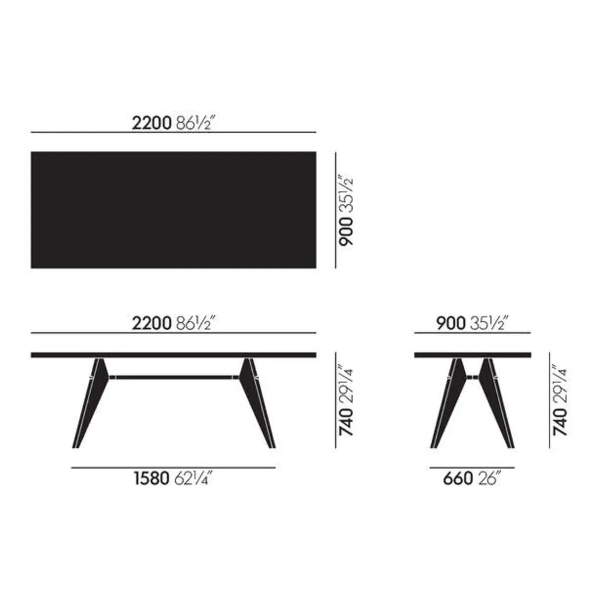 Vitra - EM masası, yağlanmış doğal meşe 220x90 cm - siyah ayak - Jean Prouvé | Meşe