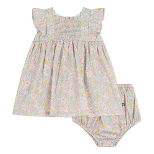 Petit Bateau - Organik pamuklu çiçek desenli elbise ve bloomer seti | Gri mavi