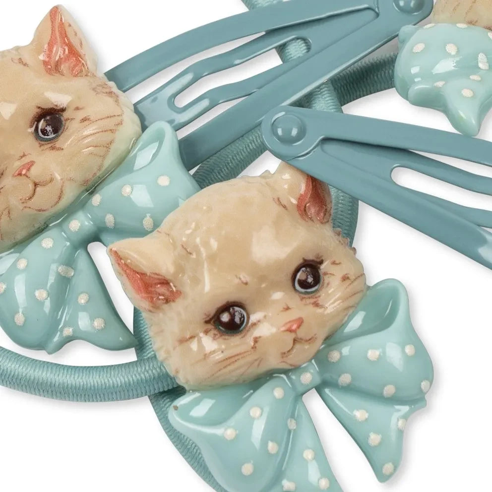Konges Sløjd - Kedi Temalı Saç Tokası ve Scrunchie Seti | Mavi