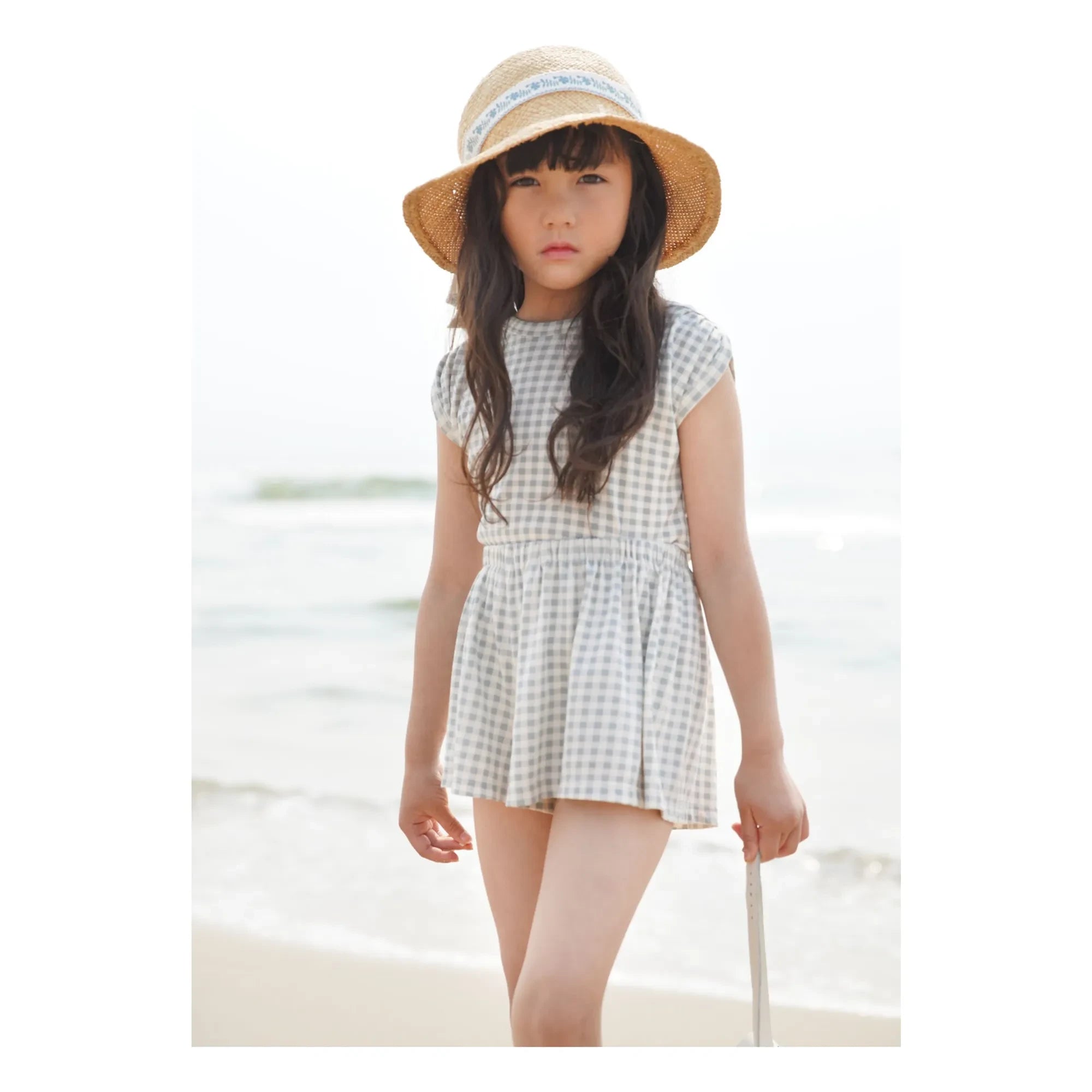 Soor Ploom - Sundae Gingham Organik Pamuklu Büzgülü Tişört | Buz Mavisi