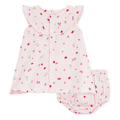 Petit Bateau - Organik pamuklu gazlı çiçekli elbise ve bloomer seti | Pembe