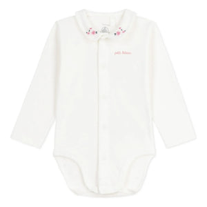 Petit Bateau - Organik pamuklu çiçek işlemeli yakalı body | Beyaz