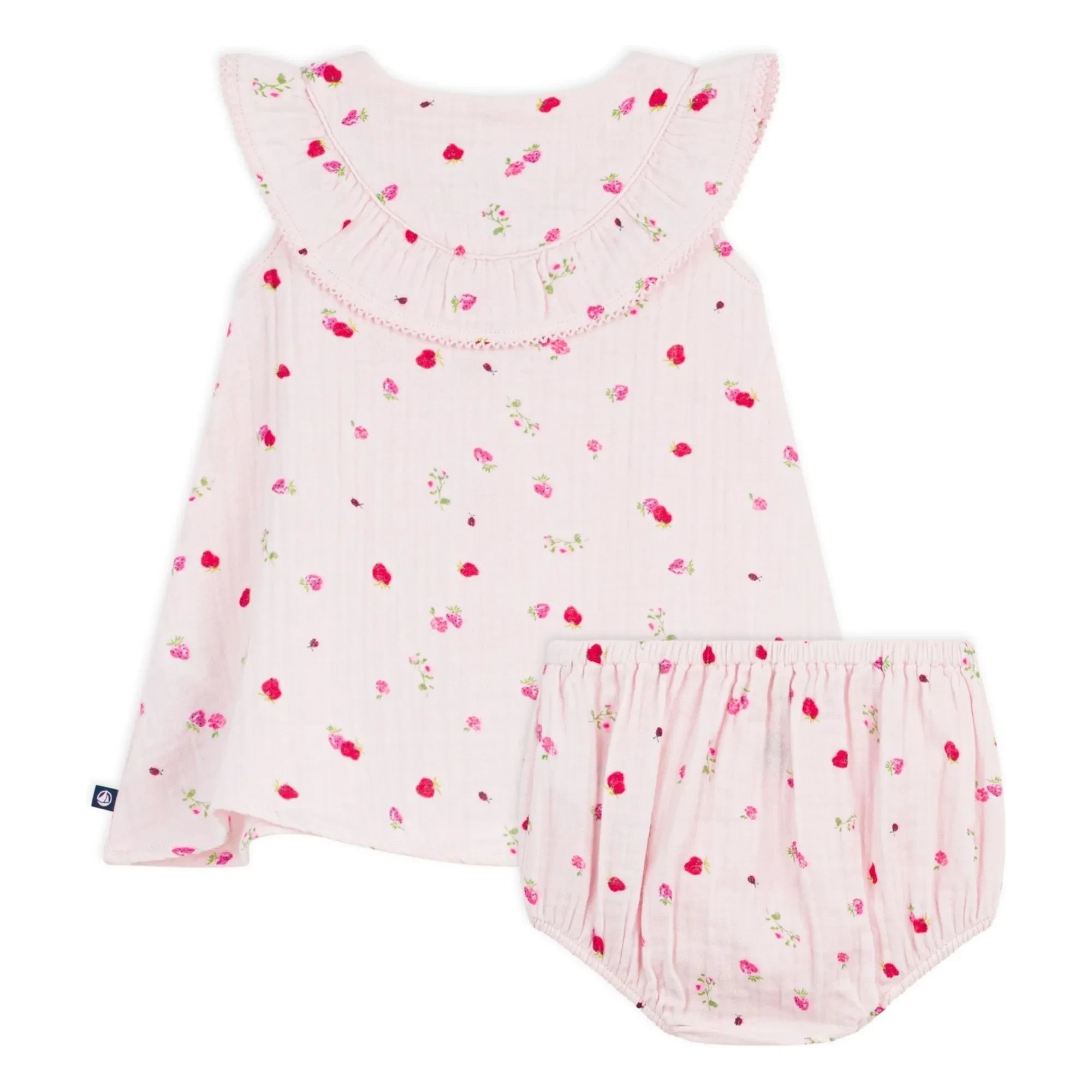 Petit Bateau - Organik pamuklu gazlı çiçekli elbise ve bloomer seti | Pembe
