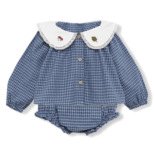 birinit - Organik pamuklu Vichy bluz ve bloomer seti | İndigo mavi