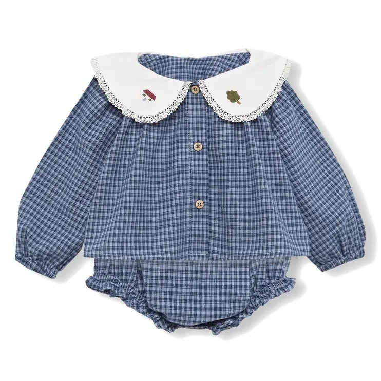 birinit - Organik pamuklu Vichy bluz ve bloomer seti | İndigo mavi