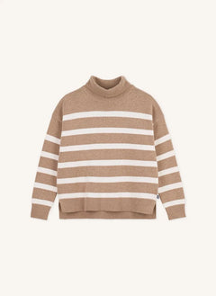 Petit Bateau - كنزة صوفية مقلمة بياقة عالية | بيج