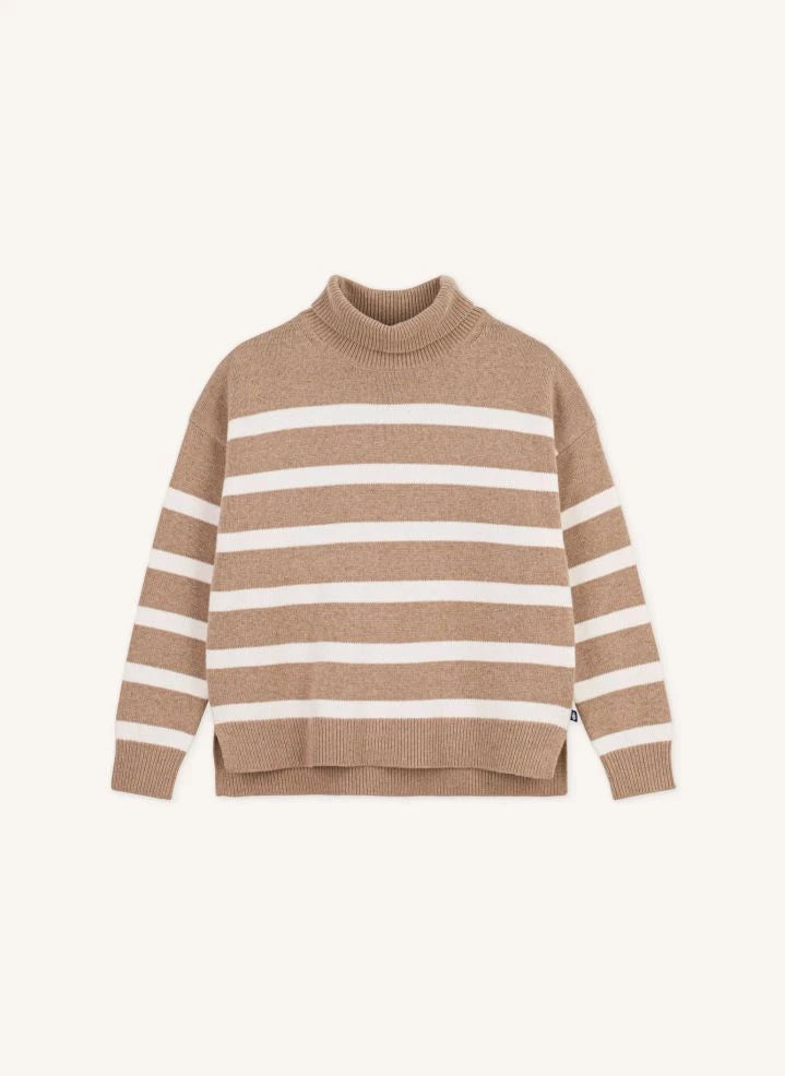 Petit Bateau - كنزة صوفية مقلمة بياقة عالية | بيج