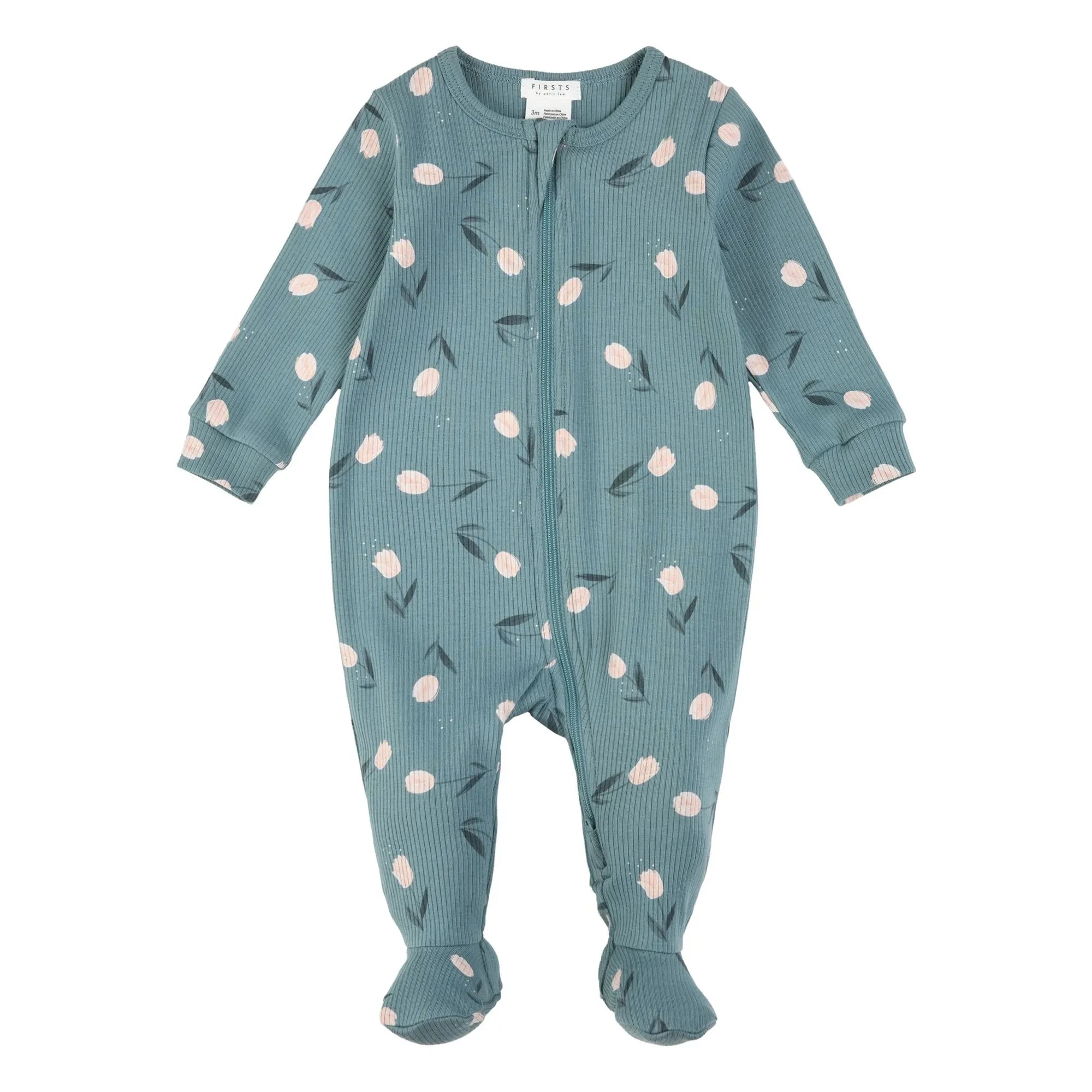 Petit Lem - Organik Pamuklu Çiçek Desenli Fitilli Ayaklı Pijama | Mavi Yeşil