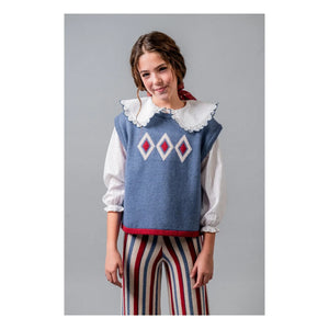 birinit - Kolsuz Argyle Merino Yün Kazak | Mavi