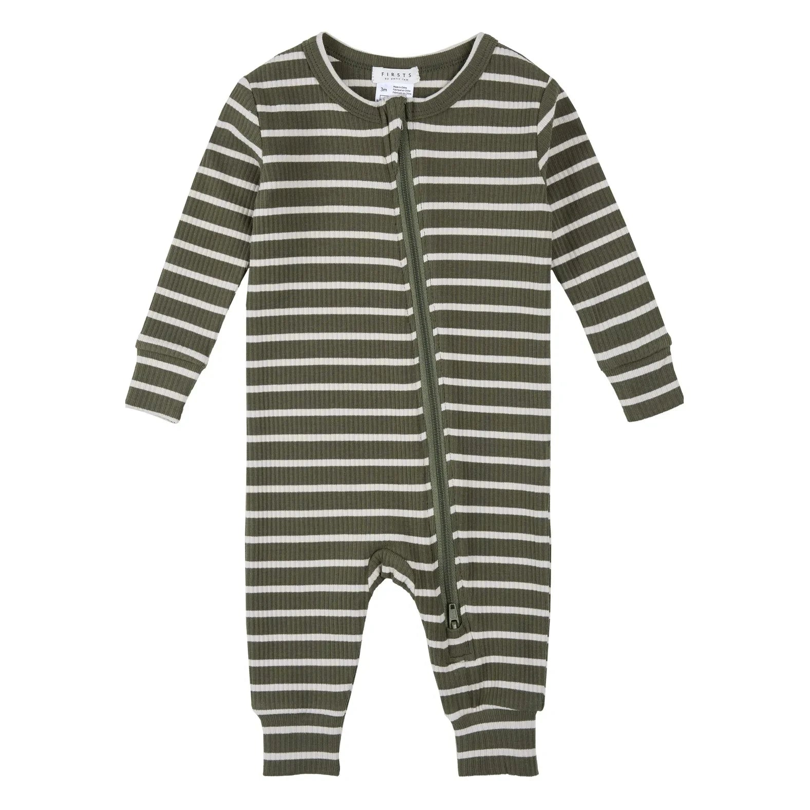 Petit Lem - Çizgili Ribanalı Ayaksız Modal ve Organik Pamuktan Pijama | Koyu yeşil