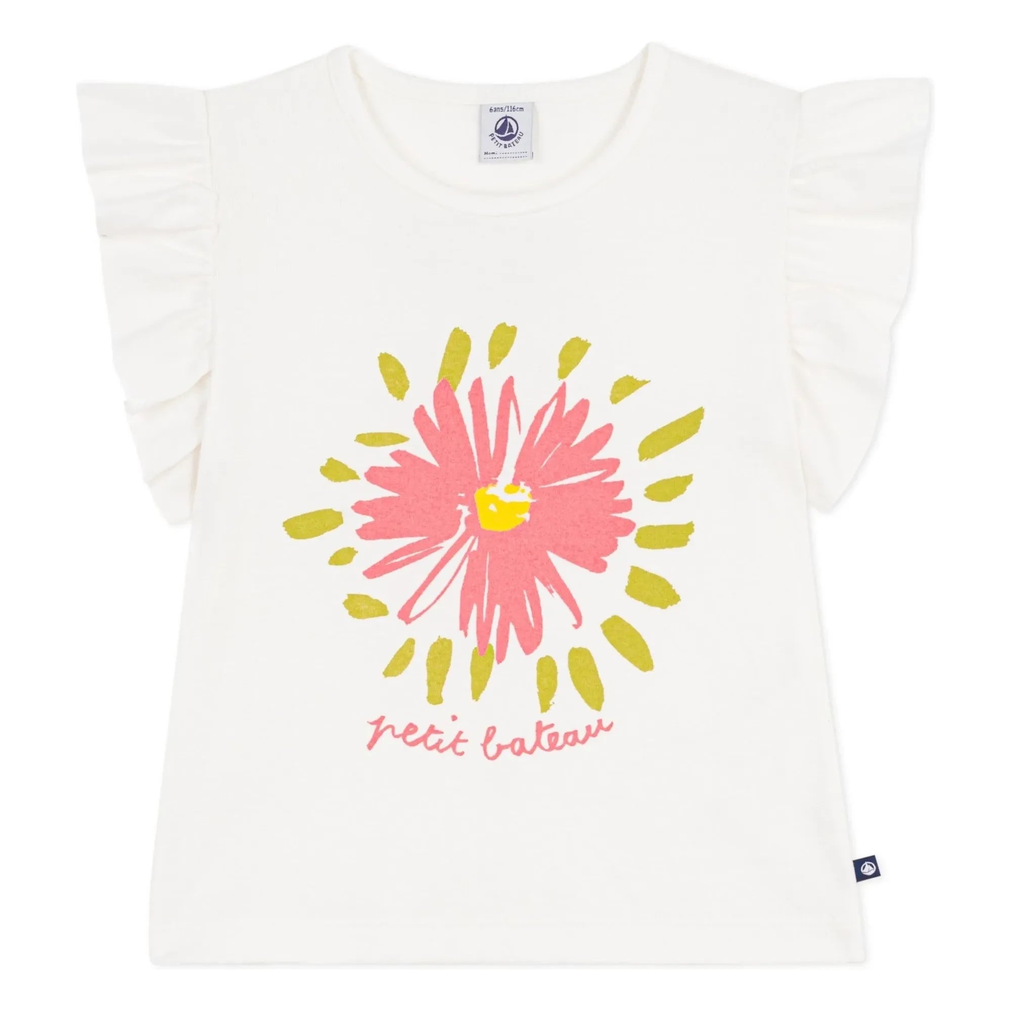 Petit Bateau - Organik pamuklu çiçekli fırfırlı T-shirt | Beyaz