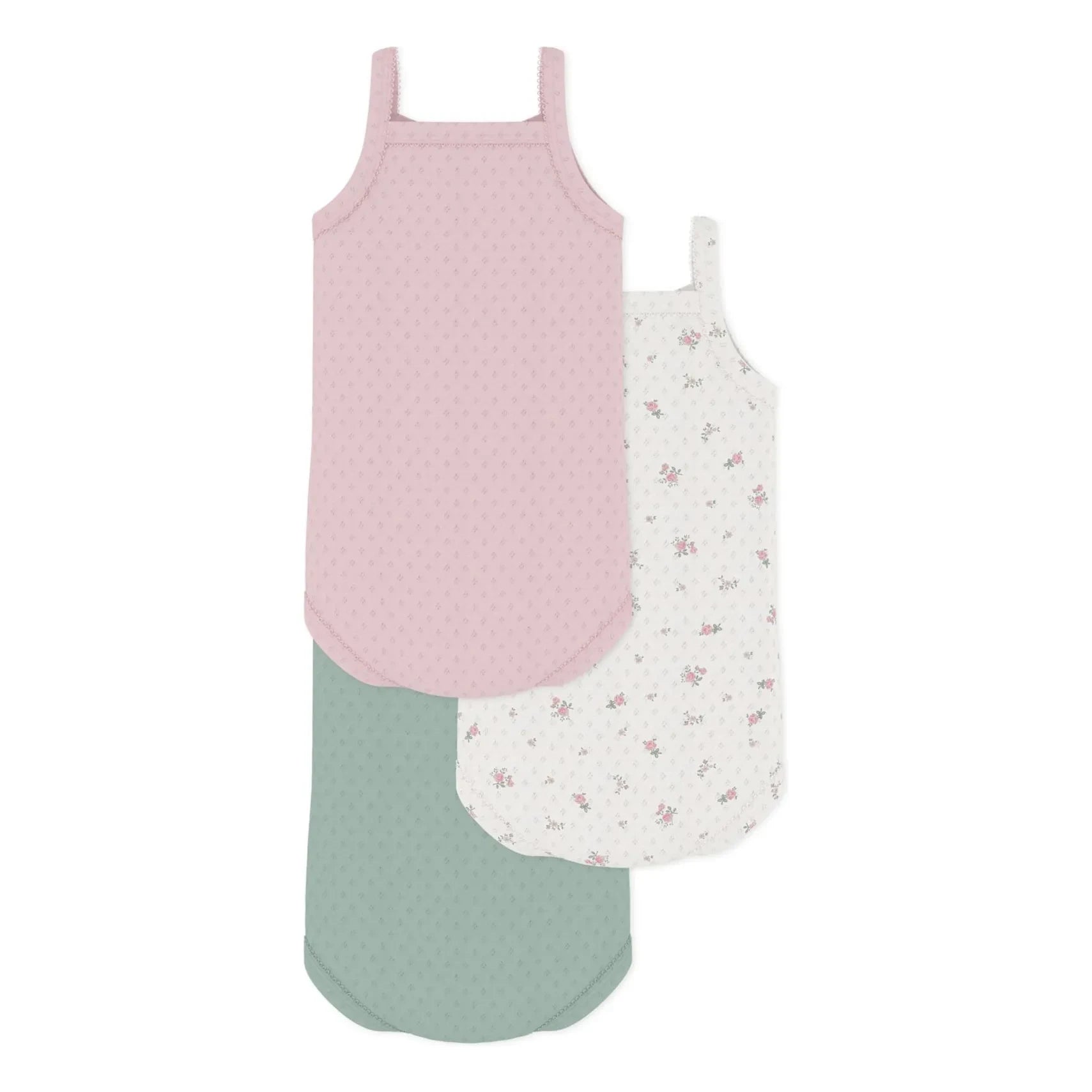 Petit Bateau - 3'lü Çiçek Desenli Organik Pamuklu Ajurlu Askısız Body Seti | Pembe