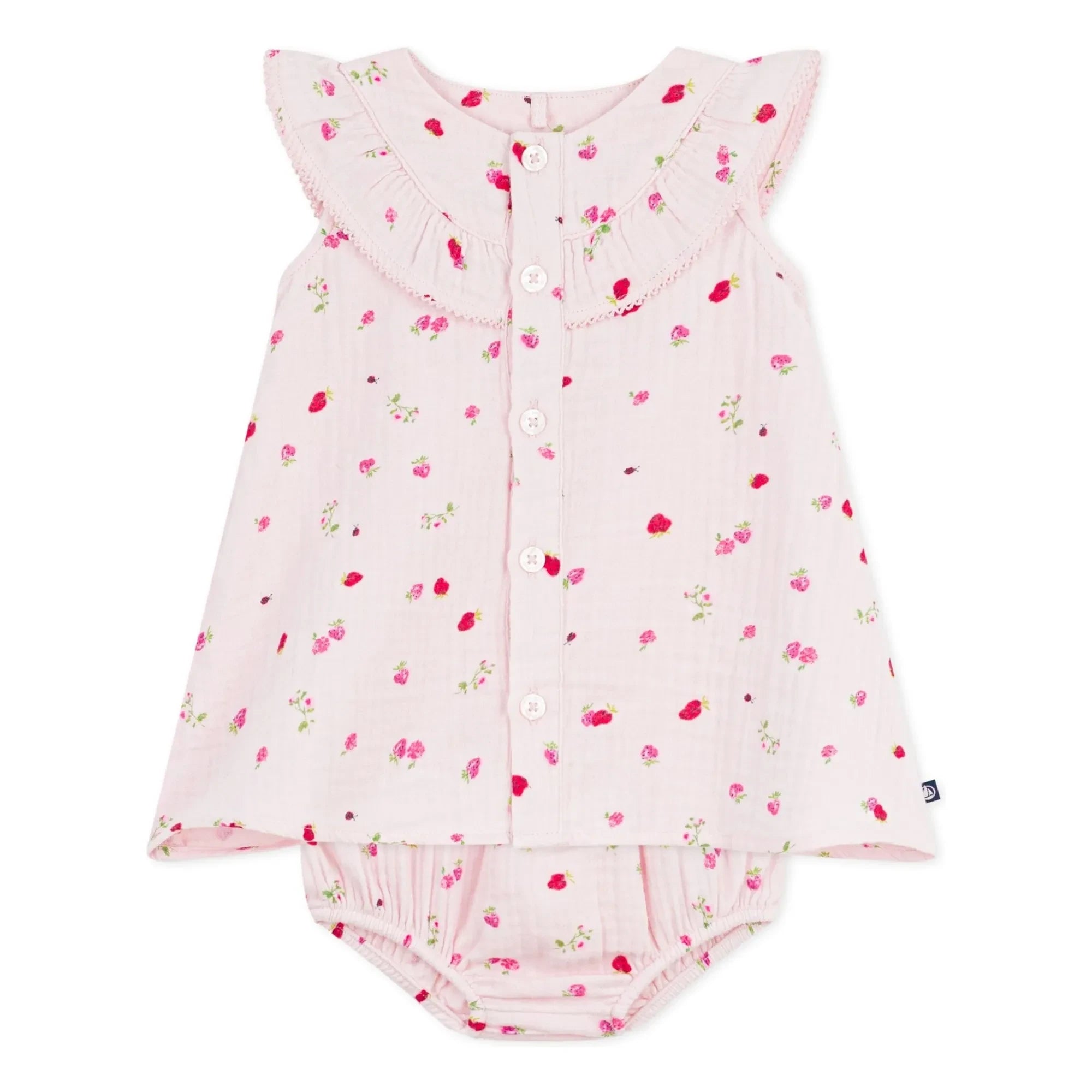 Petit Bateau - Organik pamuklu gazlı çiçekli elbise ve bloomer seti | Pembe