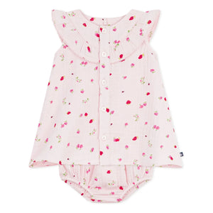 Petit Bateau - Organik pamuklu gazlı çiçekli elbise ve bloomer seti | Pembe