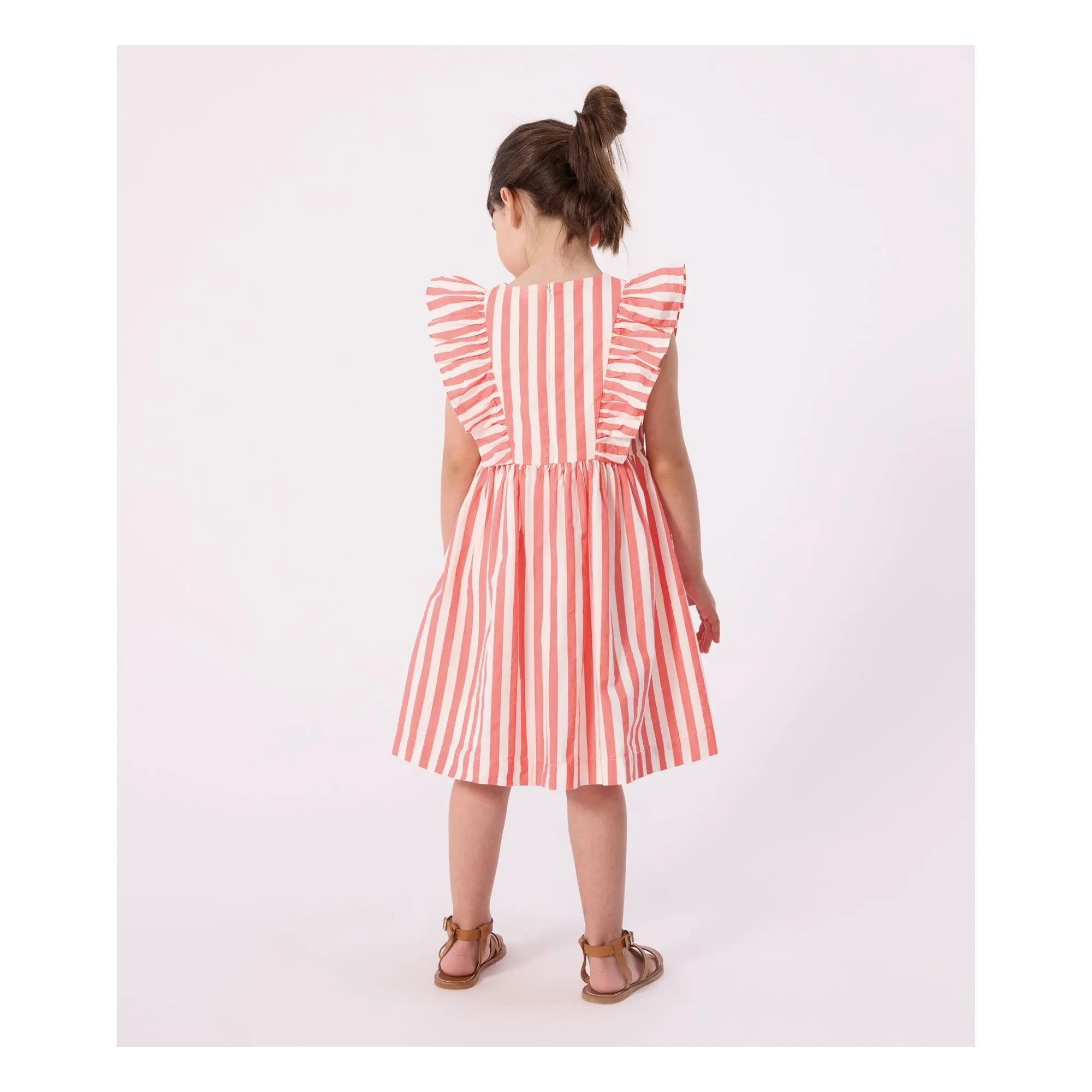 Petit Bateau - Çizgili Organik Pamuklu Fırfırlı Elbise | Mercan