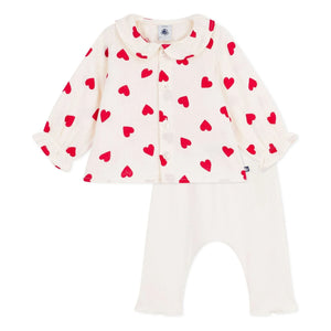 Petit Bateau - Organik Pamuk Gazlı Kalpler Bluz ve Tayt Seti | Ekru