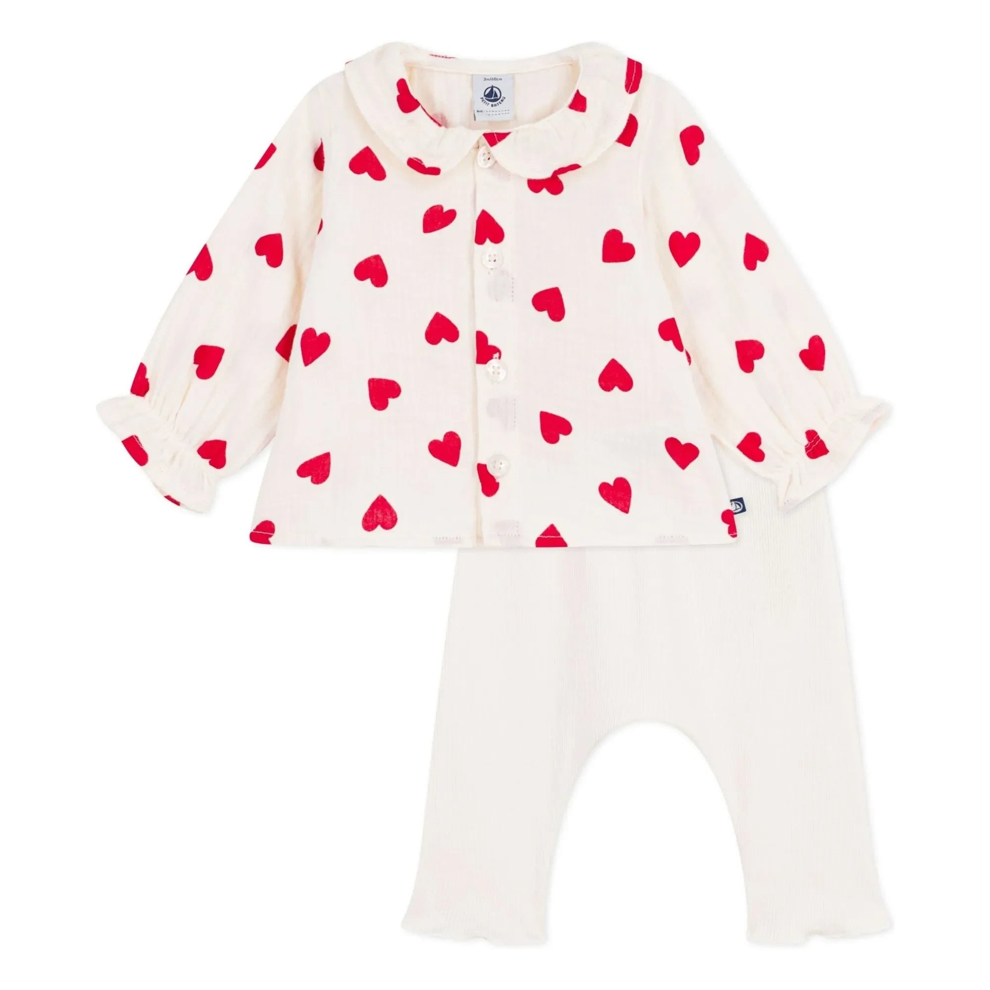 Petit Bateau - Organik Pamuk Gazlı Kalpler Bluz ve Tayt Seti | Ekru