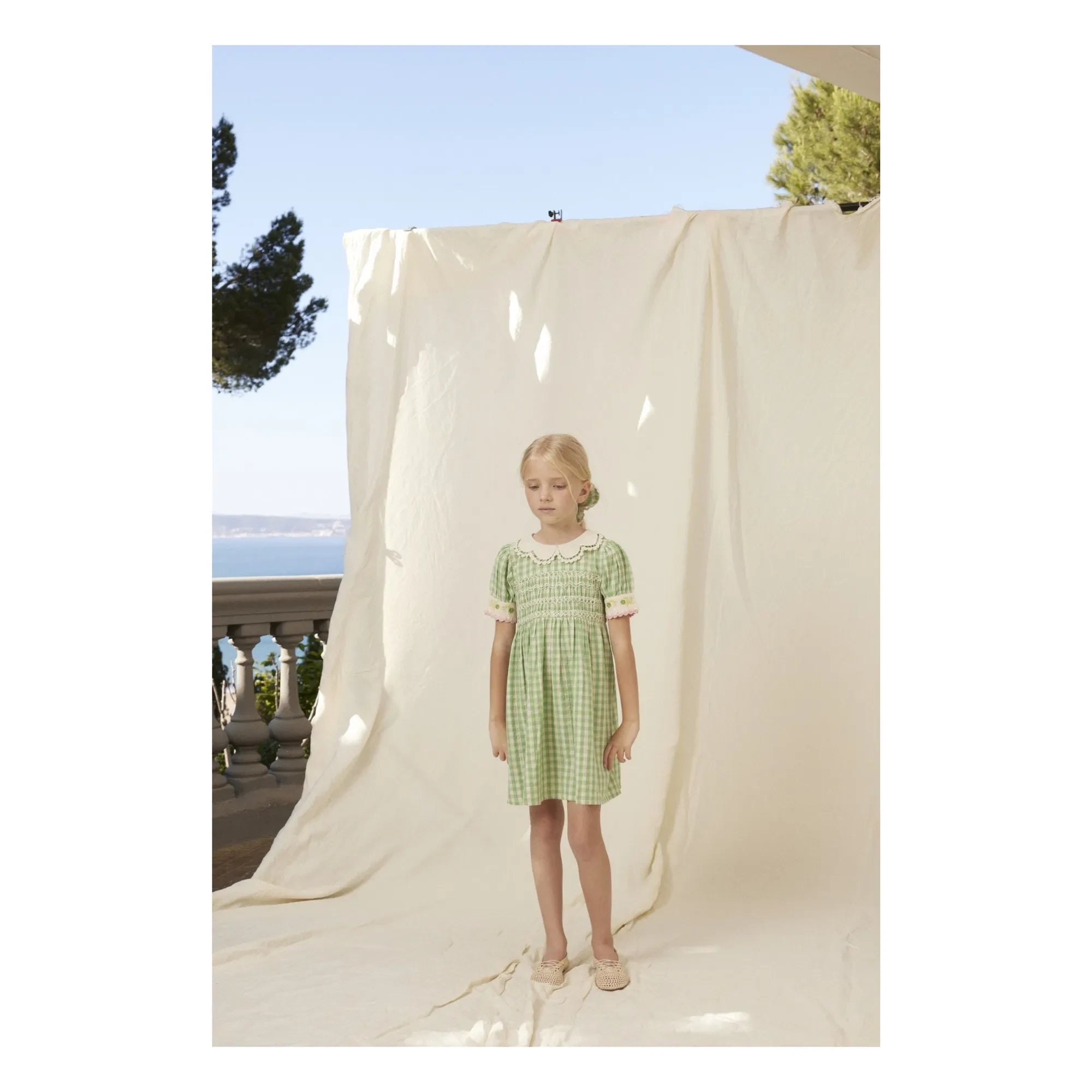 Bebe Organic - Tilia Kareler Smock Elbise | Soluk yeşil