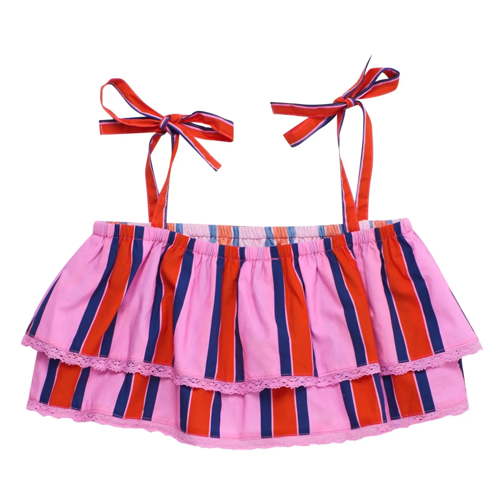 Maison Mangostan - Çizgili Fırfırlı Crop Top | Pembe
