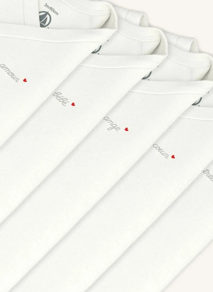 Petit Bateau - طقم من 5 بوديات متقاطع Mon Coeur قطن عضوي | أبيض