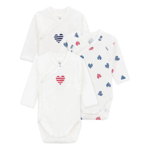 Petit Bateau - 3'lü Çizgili Kalp Organik Pamuk Bebek Body Seti | Ecru