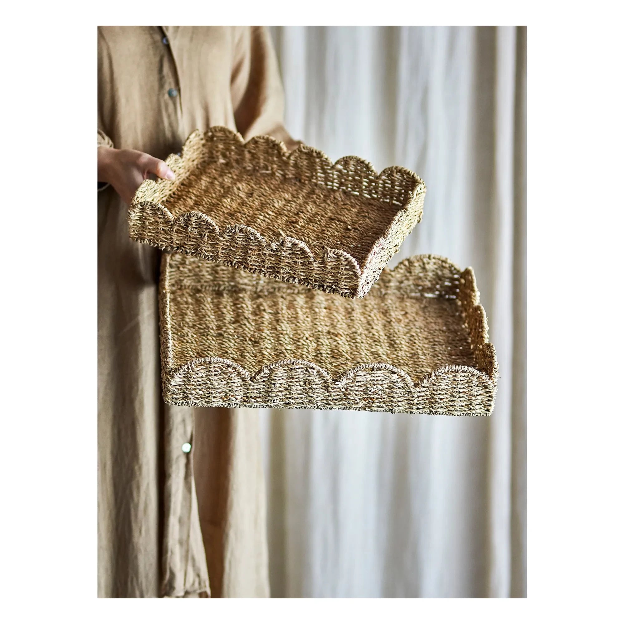 Bloomingville - Brea hasır tepsi - 2'li Set | Kahverengi