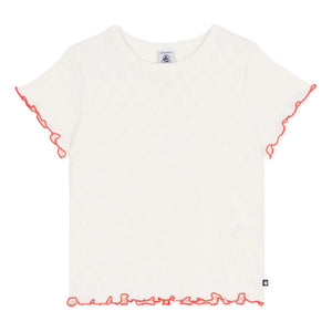 Petit Bateau - Ajurlu Fırfırlı Kalpler Tişört | Ekru
