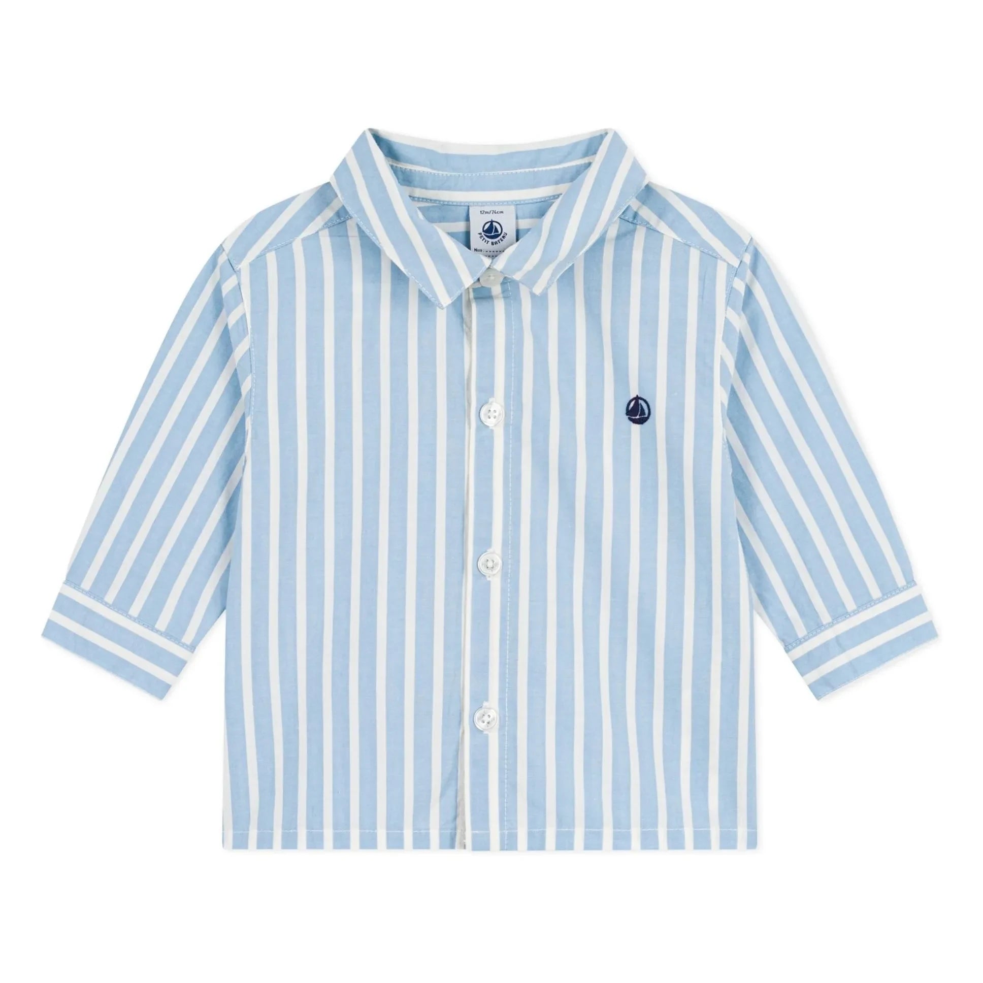 Petit Bateau - Organik Pamuk Poplin Logolu Çizgili Gömlek | Mavi