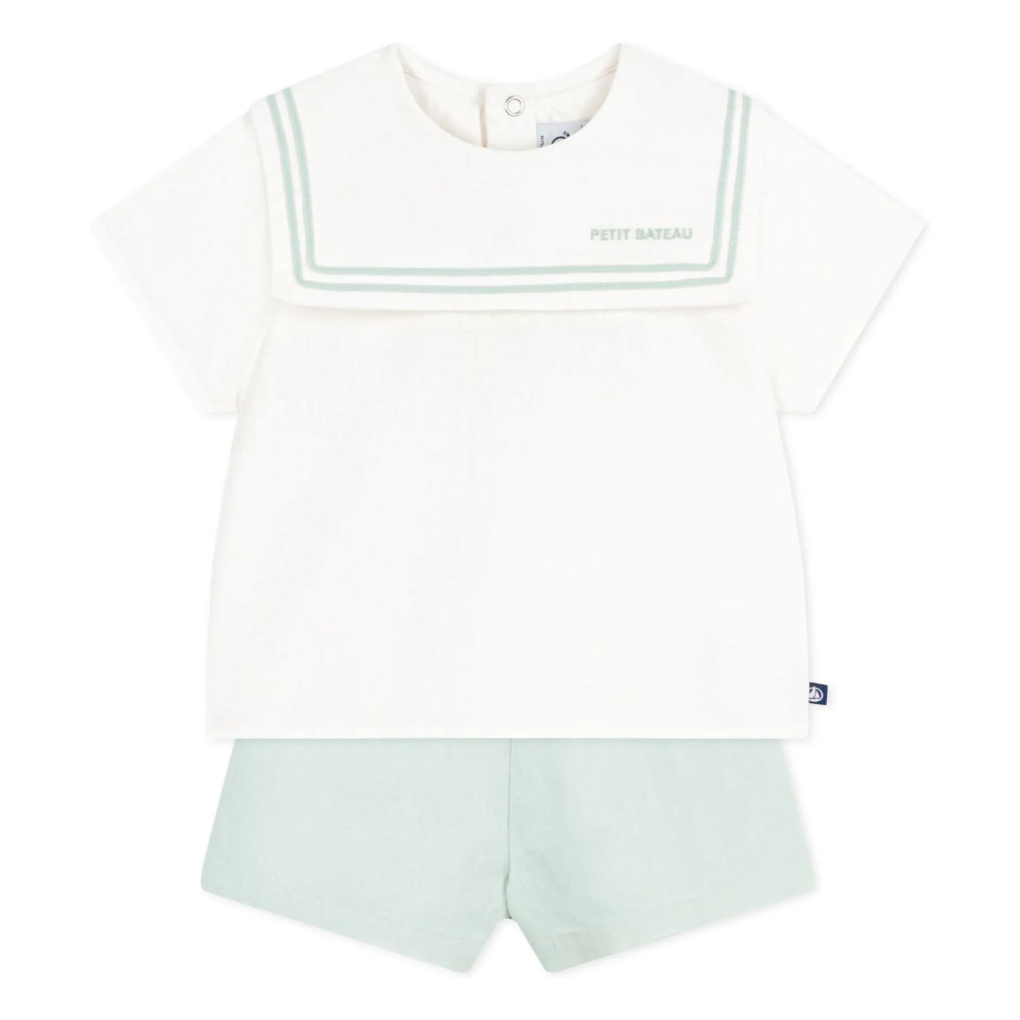 Petit Bateau - Lacivert yakalı üst ve keten şort takımı | Sage