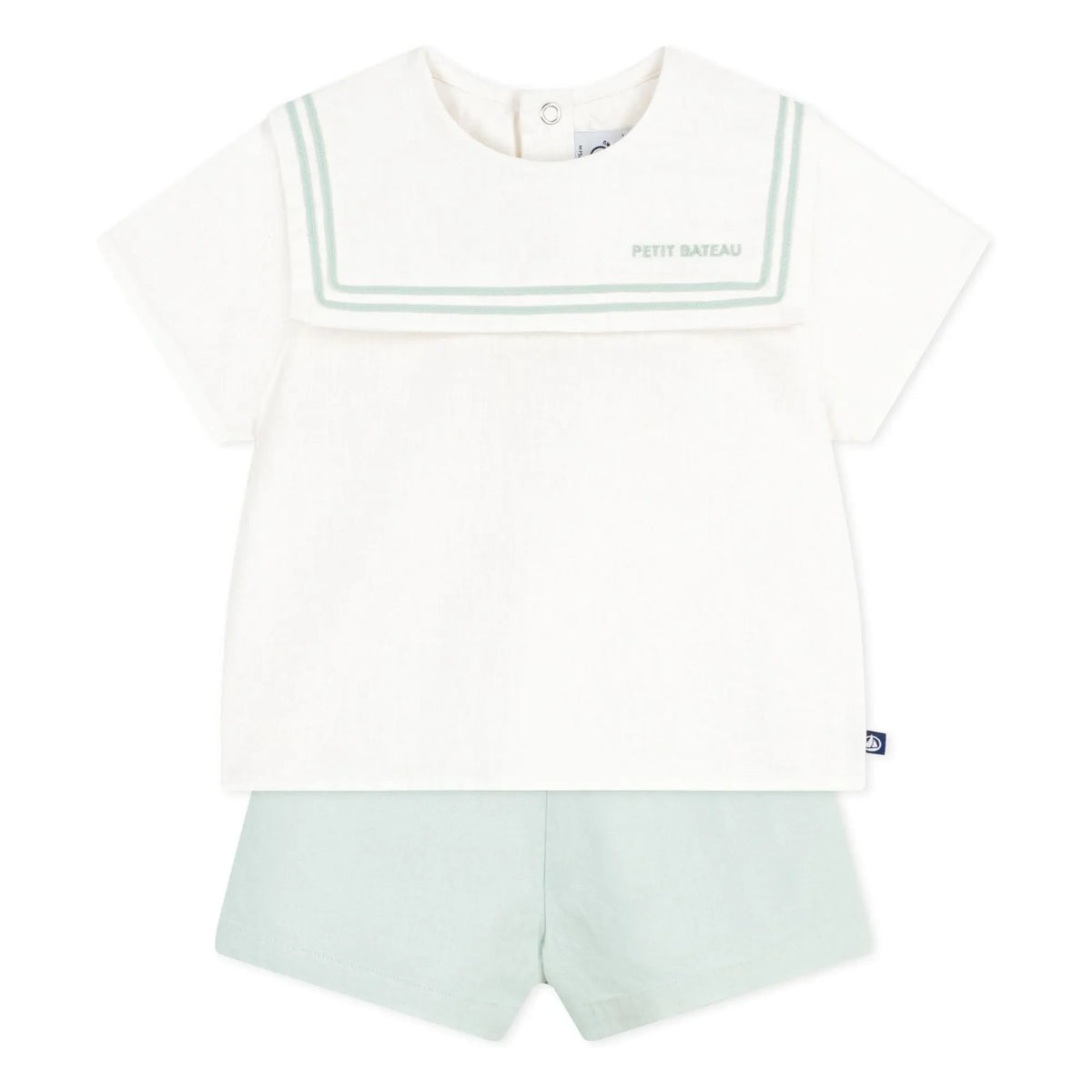 Petit Bateau - Lacivert yakalı üst ve keten şort takımı | Sage