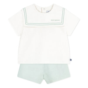 Petit Bateau - Lacivert yakalı üst ve keten şort takımı | Sage