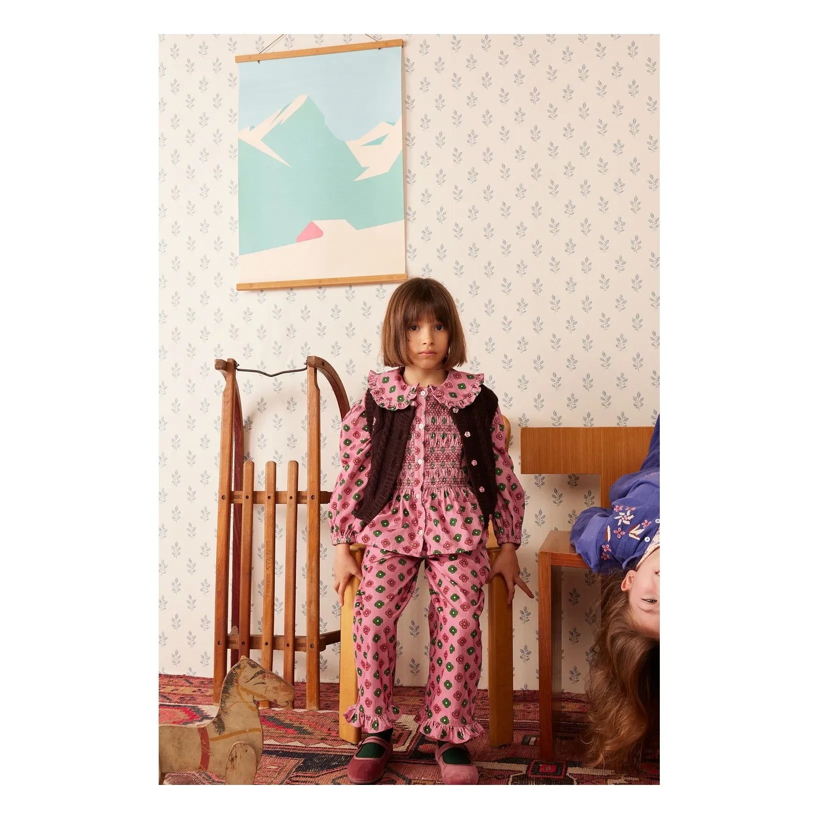 Hello Simone - Çiçek Desenli Büzgülü Bluz, Kadife Dokulu | Pembe