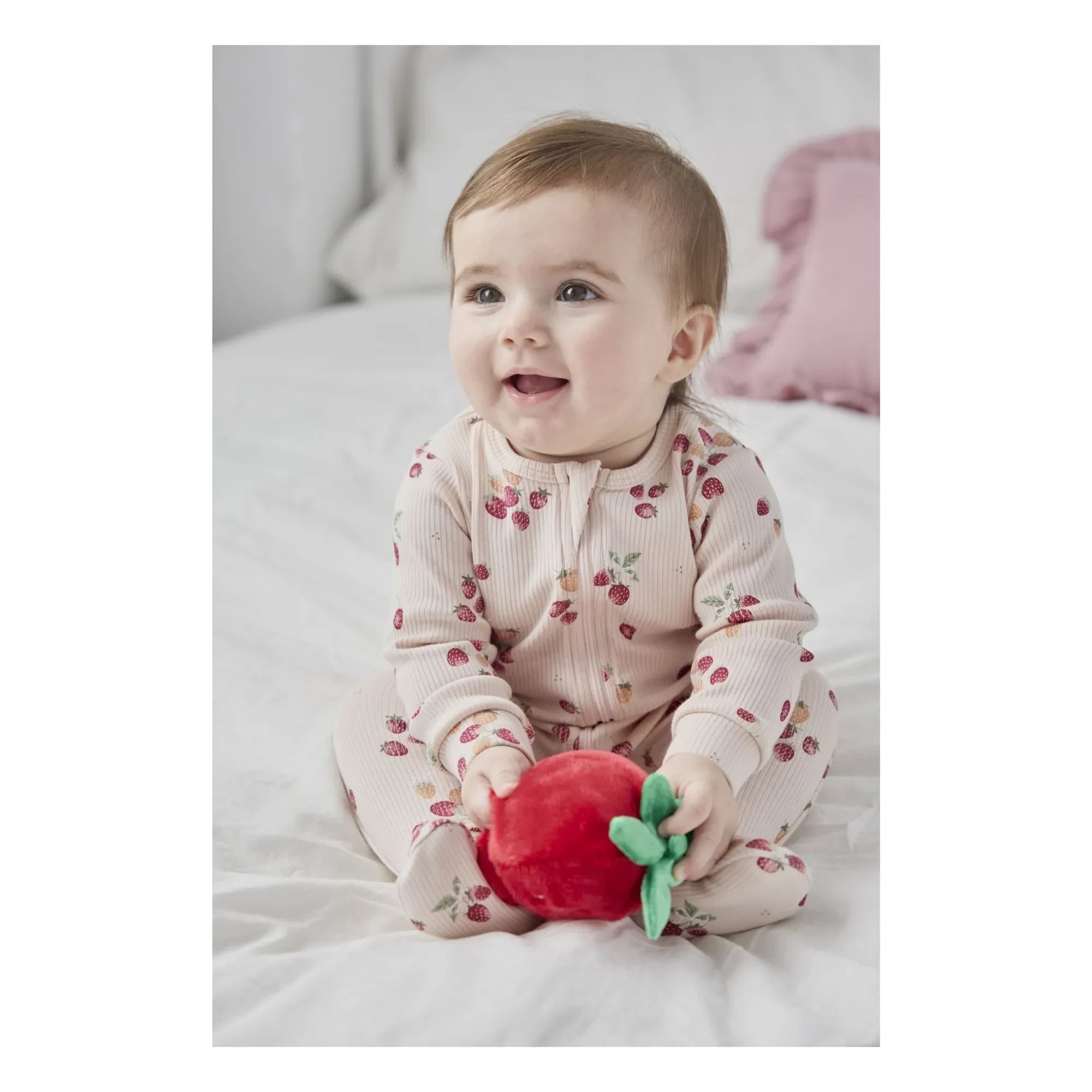 Petit Lem - Ayaklı Pijama Çilek Ribana Organik Pamuk | Pembe