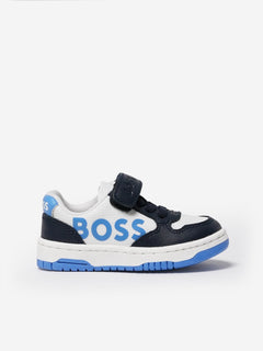 BOSS Boys Leather Logo Trainers in Navy