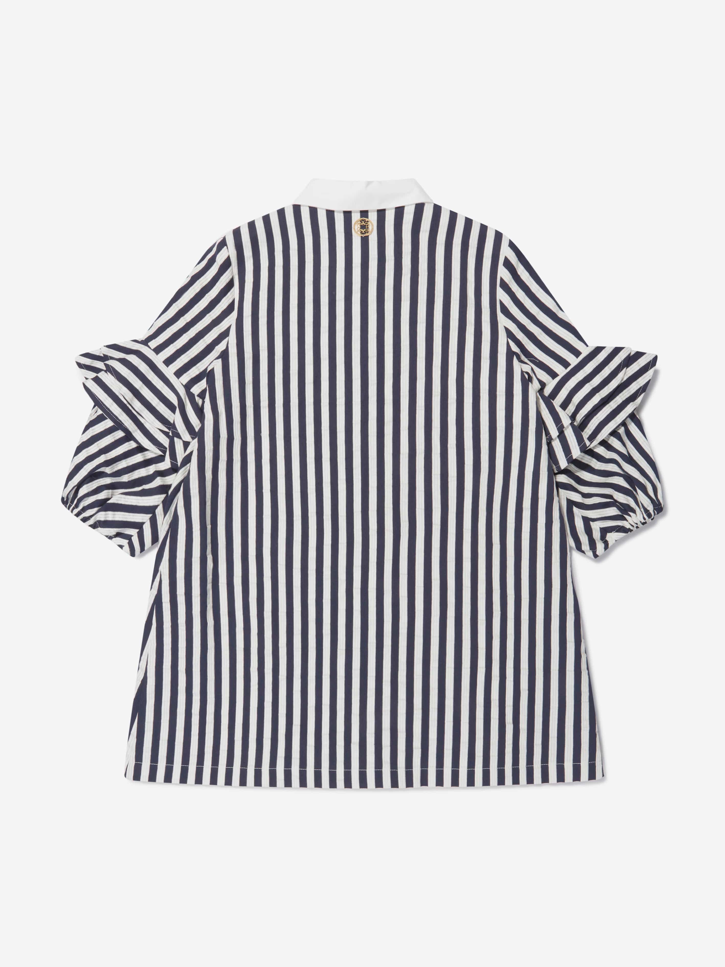 Elie Saab Girls Cotton And Silk Striped Ruffle Trim Dress in Navy