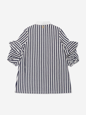 Elie Saab Girls Cotton And Silk Striped Ruffle Trim Dress in Navy