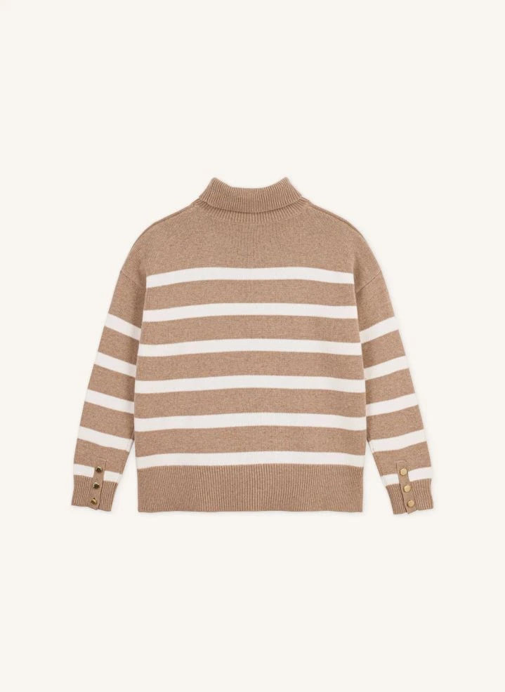 Petit Bateau - كنزة صوفية مقلمة بياقة عالية | بيج