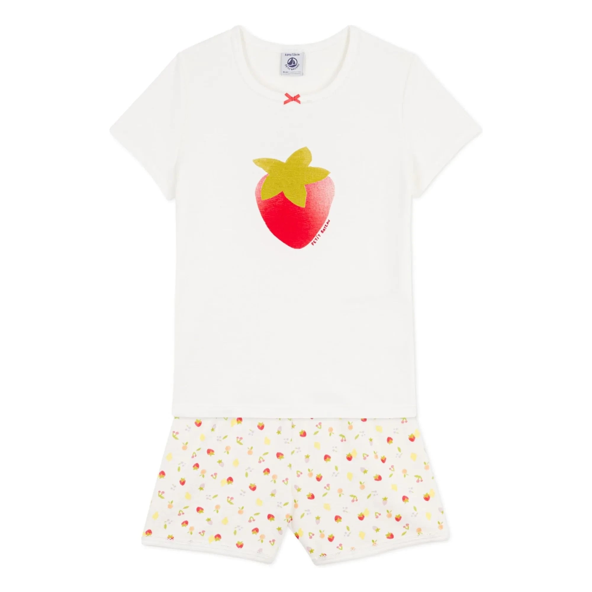 Petit Bateau - Çilek Desenli Organik Pamuklu Kısa Pijama | Ekru