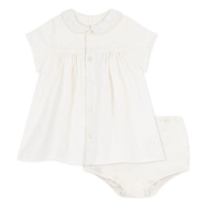 Petit Bateau - Keten ve organik pamuk elbise ve bloomer seti | Beyaz