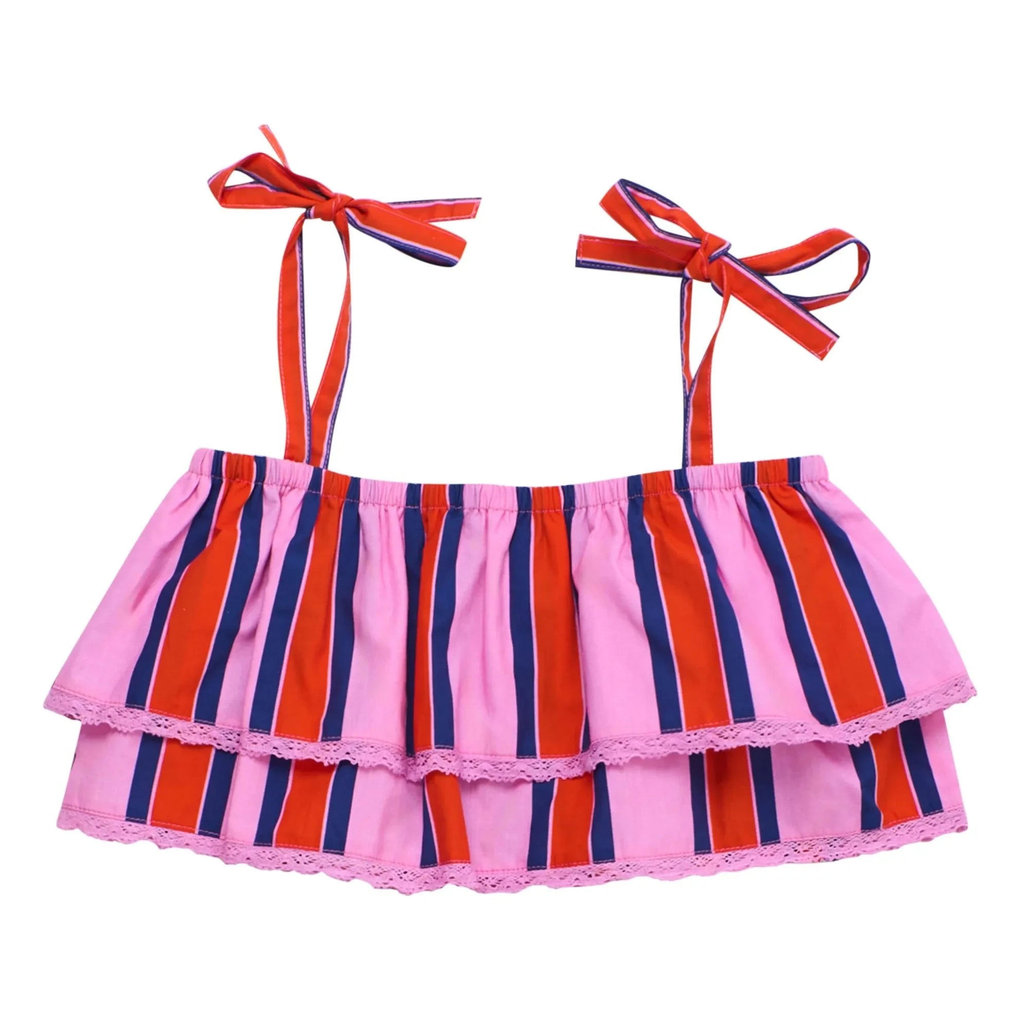 Maison Mangostan - Çizgili Fırfırlı Crop Top | Pembe