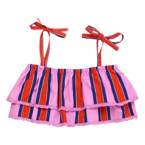 Maison Mangostan - Çizgili Fırfırlı Crop Top | Pembe