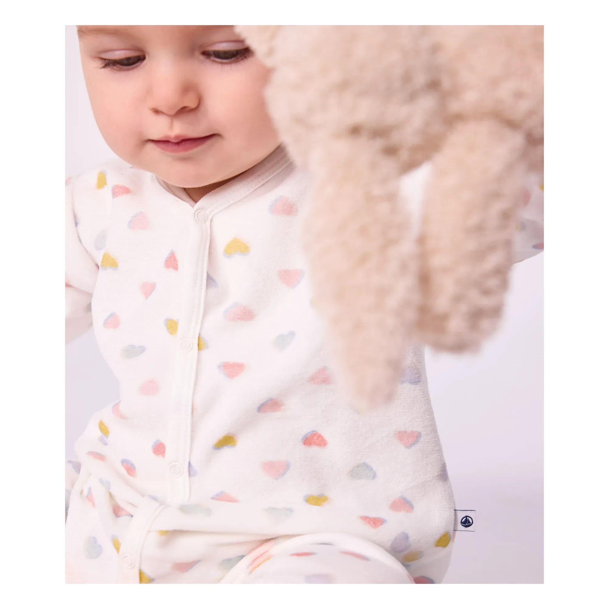 Petit Bateau - Dors Bien Cœurs Bouclette Kadife Pamuklu Pijama | Beyaz