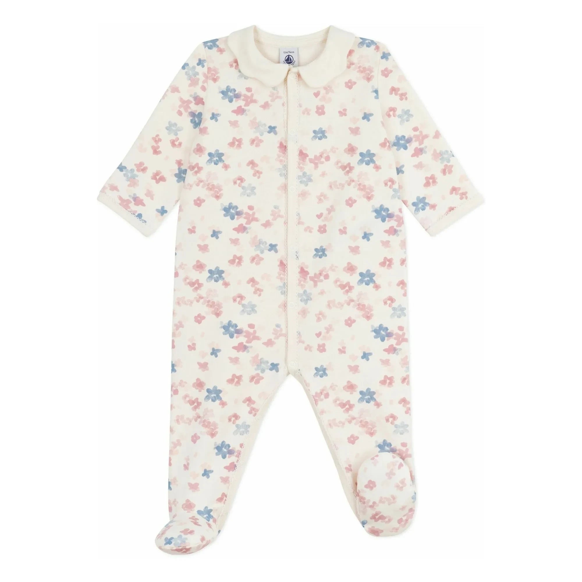 Petit Bateau - Çiçek Desenli Yakalı Dors Bien Pijama Organik Pamuk | Ekru