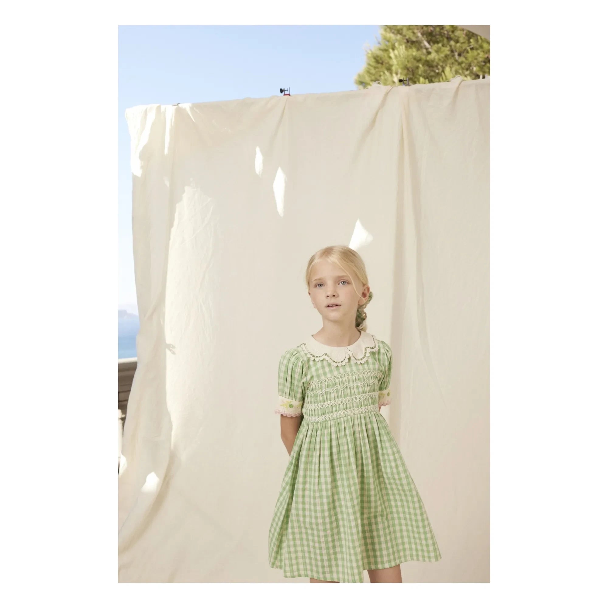 Bebe Organic - Tilia Kareler Smock Elbise | Soluk yeşil