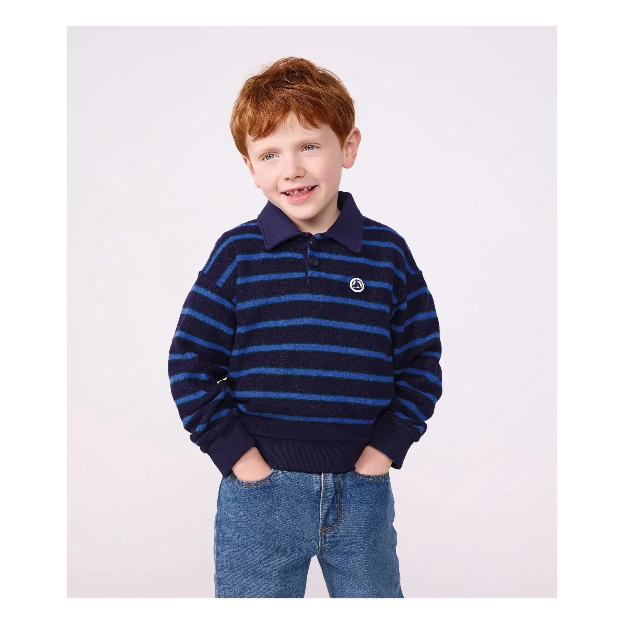Petit Bateau - Çizgili Polo Yaka Sweat Modal | Mavi