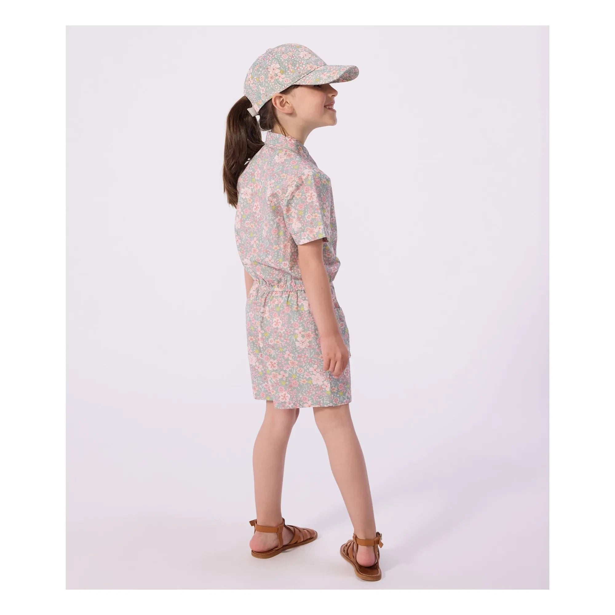 Petit Bateau - Organik Pamuk Poplin Çiçekli Tulum | Gri mavi