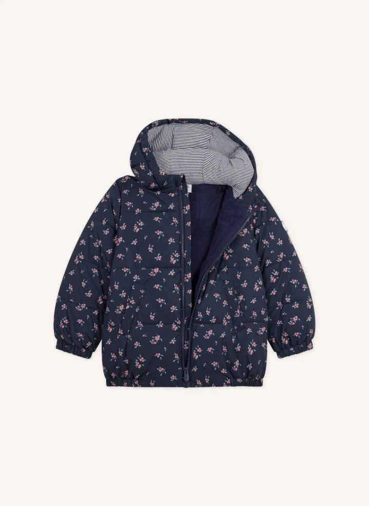 Petit Bateau - Çiçek Desenli Kapüşonlu Şişme Mont | Lacivert