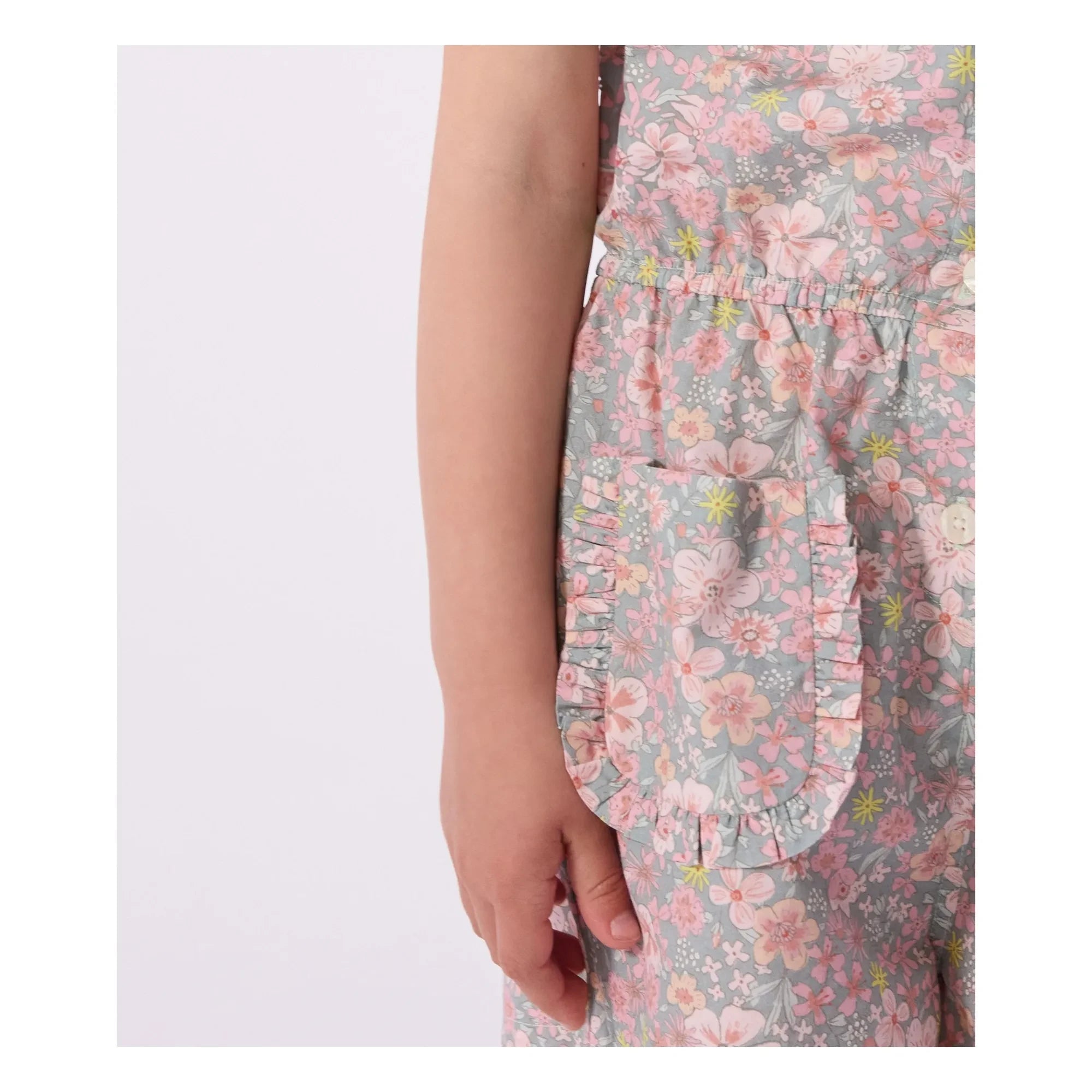 Petit Bateau - Organik Pamuk Poplin Çiçekli Tulum | Gri mavi