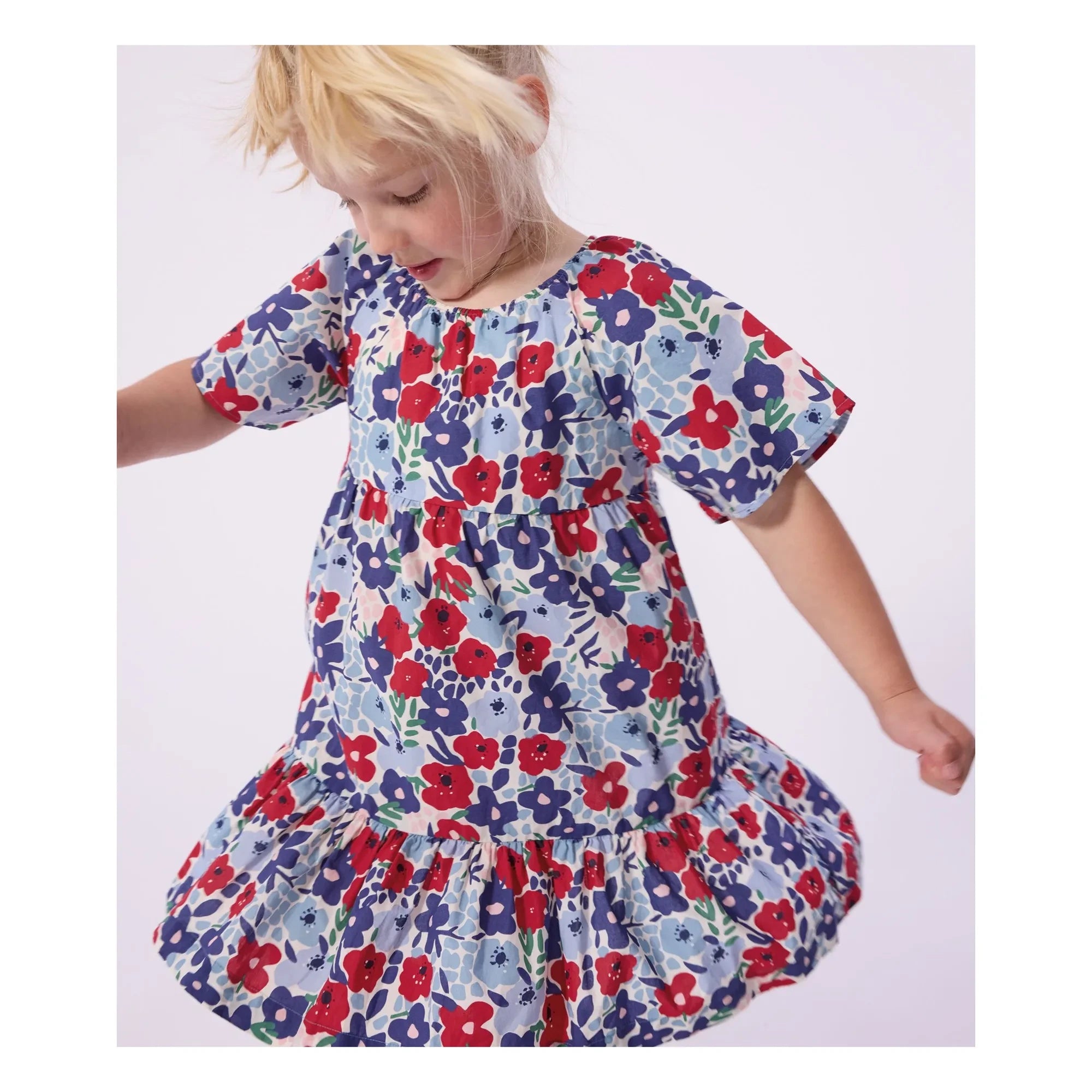 Petit Bateau - Organik Pamuk Poplin Çiçekli Elbise | Mavi